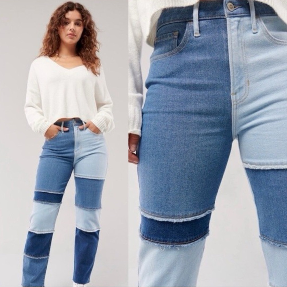 Hollister Two-Tone Patchwork High-Rise Jeans - Light & Dark Blue